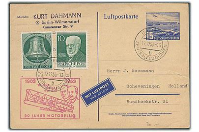 Berlin. 15 pfg. Tempelhof luftpost helsagsbrevkort opfrankeret med 10 pfg. (2) fra Berlin Zentralflughafen d. 17.12.1953 til Holland.