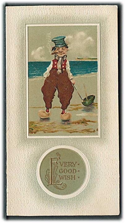 Nytårs lykønskningskort med en fisker & teksten: Every Good Wish. Indeni: With all good wishes for a Merry Xmas. 12,3 x 6,6 cm. U/no. 