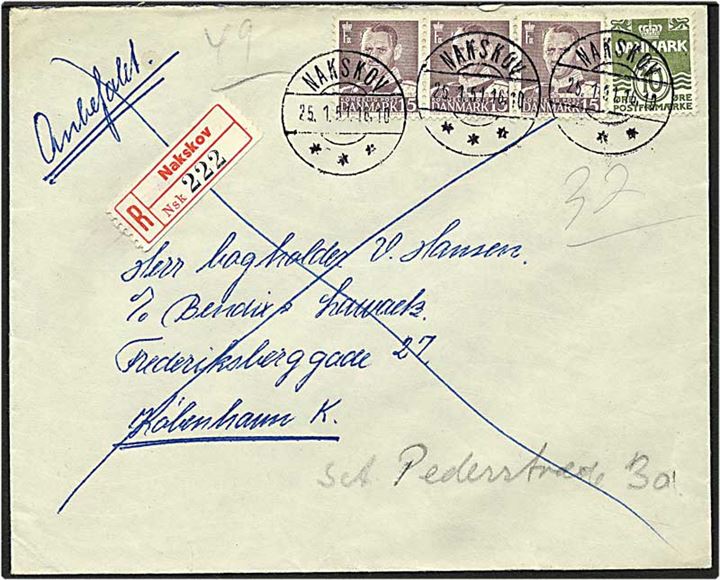 10 øre grøn bølgelinie og 15 øre gråviolet Fr. IX på Rec. brev fra Nakskov d. 25.1.1951 til København.