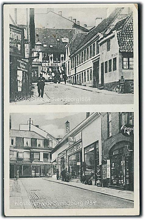Klosterstræde i Svendborg i 1884 og 1934. Andreasen & Lachmann no. 70167. Hjørneknæk. 