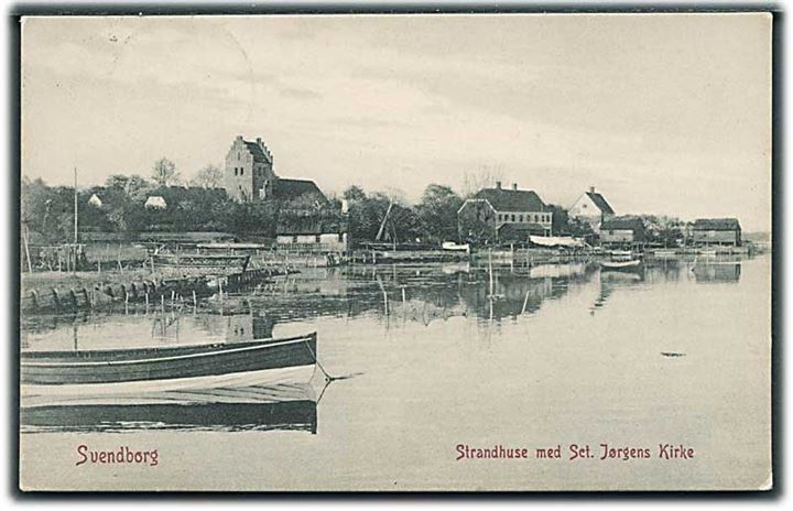Strandhuse med Sct. Jørgens Kirke, Svendborg. Warburgs Kunstforlag no. 1010.