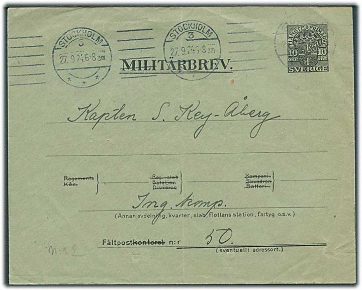 10 öre helsags Militärbrev fra Stockholm d. 27.9.1924 til officer under manøvre ved Ing. Komp. Fältpost nr. 50. Fold.