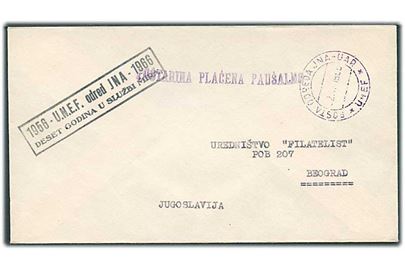 Ufrankeret jugoslavisk FN-feltpost stemplet Posta Odreda JNA-UAR * UNEF * 1966 til Beograd, Jugoslavien.