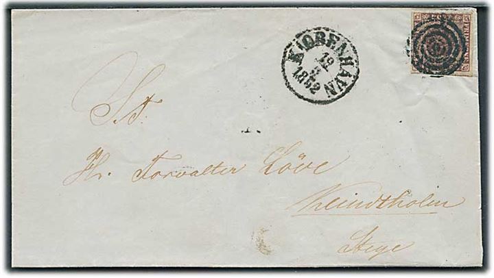 4 R.B.S. Thiele I på brev annulleret med stumt stempel og sidestemplet antiqua Kjøbenhavn d. 19.5.1852 til Stege.
