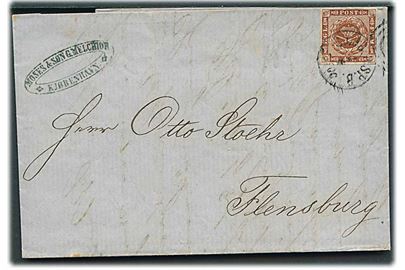 4 sk. 1858 udg. på brev fra Kjøbenhavn annulleret med kombineret nr.stempel SJ.JB.P.SP.B. d. 4.4.1863 til Flensburg.