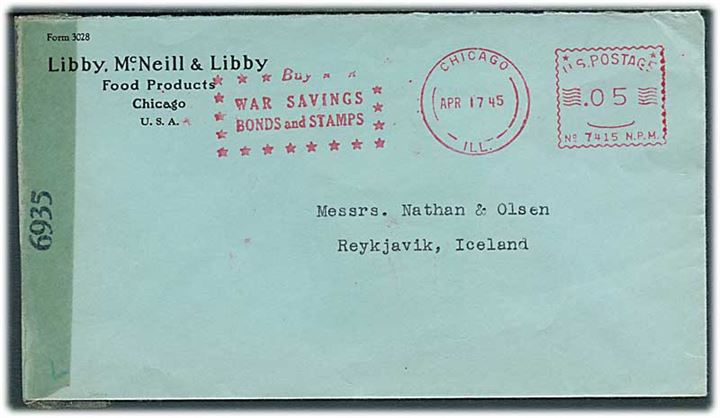 Amerikansk 5 cents firmafranko med slogan Buy War Savings Bonds and Stamps på brev fra Chicago d. 17.4.1945 til Reykjavik, Island. Åbnet af amerikansk censur no. 6935.