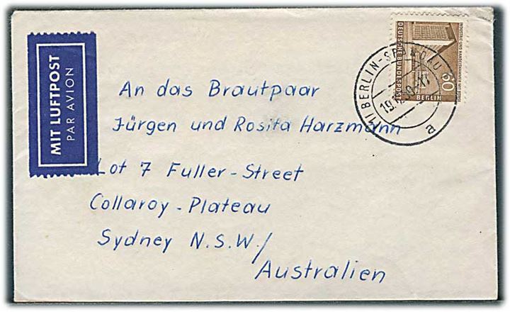 Berlin. 60 pfg. Bygning single på luftpostbrev fra Berlin-Spandau d. 19.12.1959 til Sydney, Australien.