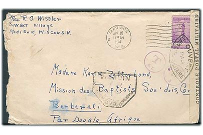 3 cents Defence på underfrankeret brev fra Madison d. 16.4.1941 til den svenske mission i Berberati, Fransk Ækvatorialafrika. Censurstempel fra Nigeria og åbnet af fransk censur.