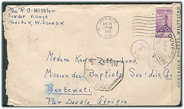 3 cents Defence på underfrankeret brev fra Madison d. 16.4.1941 til den svenske mission i Berberati, Fransk Ækvatorialafrika. Censurstempel fra Nigeria og åbnet af fransk censur.