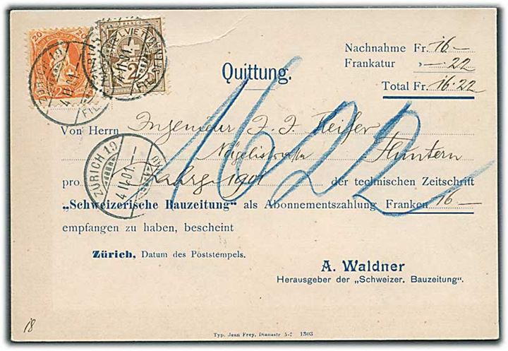2 c. Ciffer of 20 c. Helvetia på brevkort med opkrævning fra Zürich d. 4.2.1901.