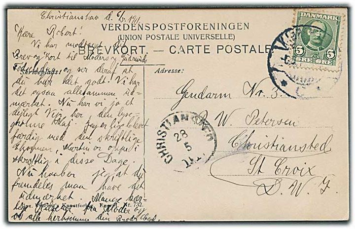 5 øre Fr. VIII på brevkort fra Kjøbenhavn d. 6.5.1911 til Christiansted, St. Croix, Dansk Vestindien. Ank.stemplet Christiansted d. 28.5.1911.