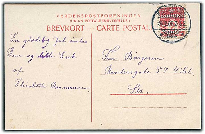 2 øre Bølgelinie single på lokalt brevkort sendt som tryksag i Kjøbenhavn d. 24.12.1906.