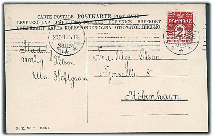 2 øre Bølgelinie single på brevkort sendt som tryksag fra Aarhus d. 23.12.1910 til København.
