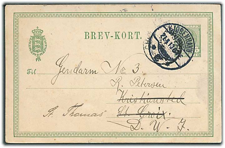5 øre Fr. VIII helsagsbrevkort fra Kjøbenhavn d. 21.4.1910 til gendarm no. 3 Petersen, Christiansted, St. Croix, Dansk Vestindien - eftersendt til St. Thomas.
