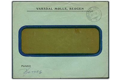 Ufrankeret rudekuvert fra Vaksdal Mølle, Bergen med sejlende bureaustempel Nordlands Posteksp. H. d. 25.1.1922.