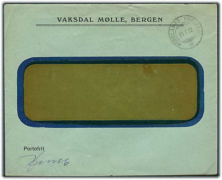 Ufrankeret rudekuvert fra Vaksdal Mølle, Bergen med sejlende bureaustempel Nordlands Posteksp. H. d. 25.1.1922.