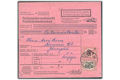 90/20 pen. Provisorium og 1 mk. Løve på indenrigs postopkrævning fra Laitila d. 20.6.1924 til Nummi.