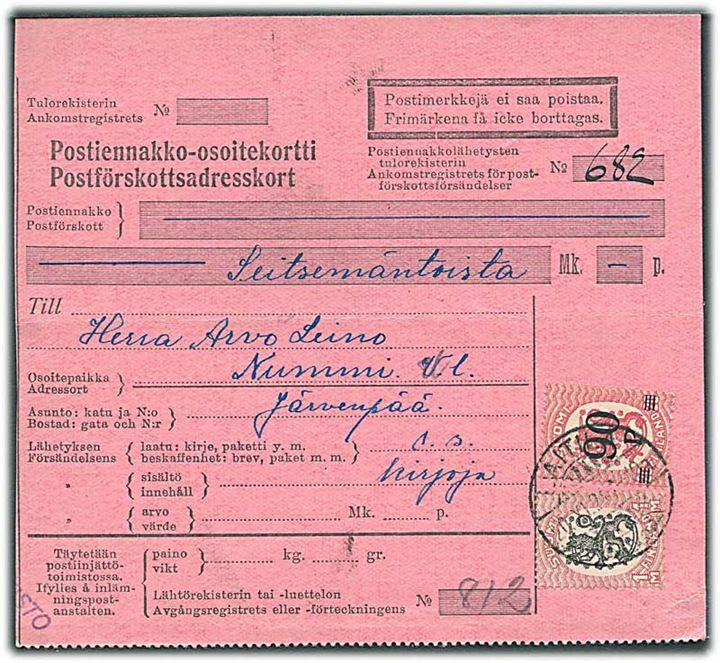 90/20 pen. Provisorium og 1 mk. Løve på indenrigs postopkrævning fra Laitila d. 20.6.1924 til Nummi.