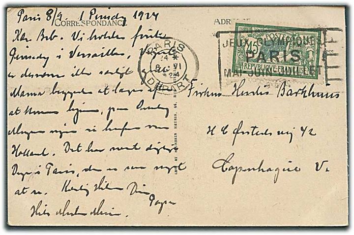 45 c. på brevkort annulleret med Olympiade TMS Jeux Olympiques Paris Mai-Juin-Juillet/Paris d. 8.6.1924 til København.