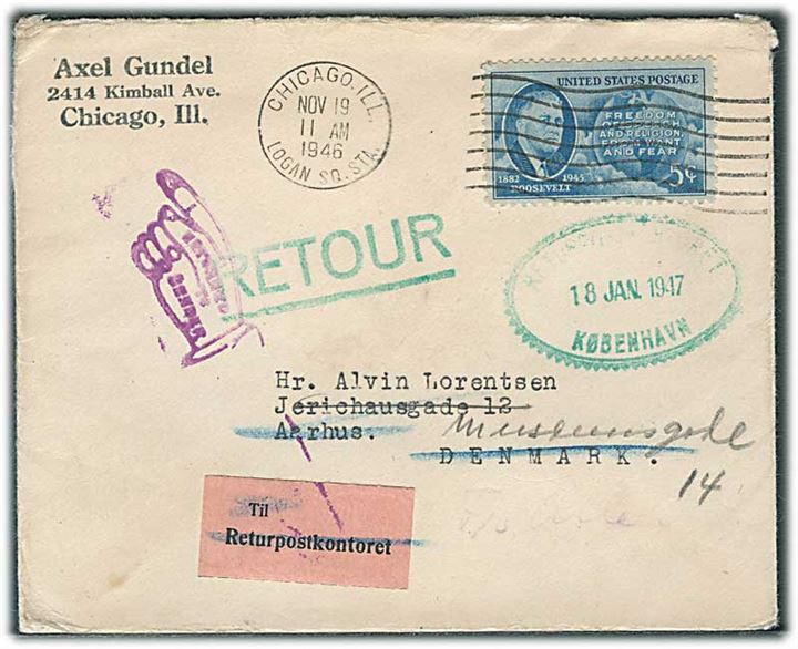 5 c. Roosevelt på brevkort fra Chicago d. 19.11.1946 til Aarhus, Danmark. Ubekendt og retur via Returpostkontoret.
