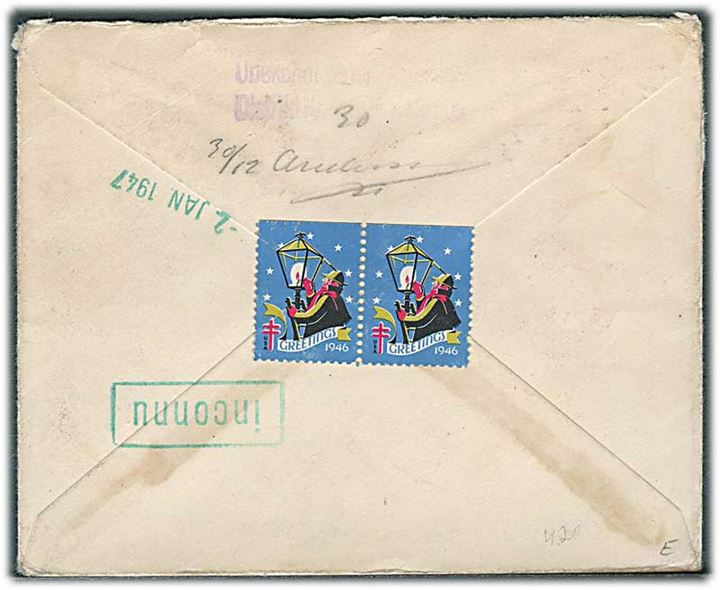 5 c. Roosevelt på brevkort fra Chicago d. 19.11.1946 til Aarhus, Danmark. Ubekendt og retur via Returpostkontoret.
