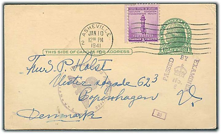 1 cent helsagsbrevkort opfrankeret med 3 cents fra Ashville d. 10.1.1941 til København, Danmark. Både britisk og tysk censur.
