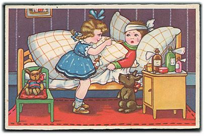 Pige i blå kjole giver medicin til syg dreng som ligger i sengen. Amag no. 0430.