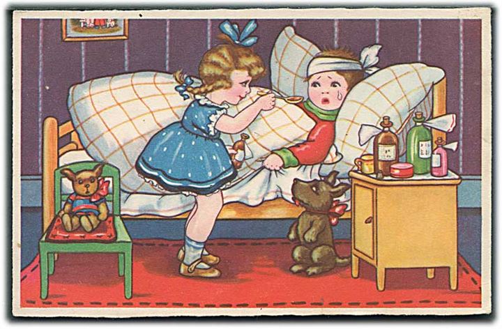 Pige i blå kjole giver medicin til syg dreng som ligger i sengen. Amag no. 0430.