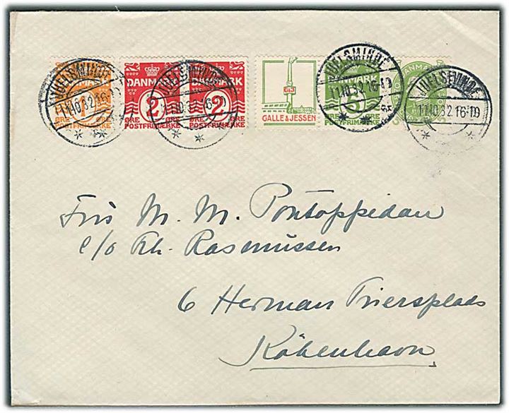 5 øre Bølgelinie + Galle&Jessen reklame, samt 1 øre, 2 øre (par) Bølgelinie og 5 øre Chr. X 60 år på brev fra Juelsminde d. 11.10.1932 til København.