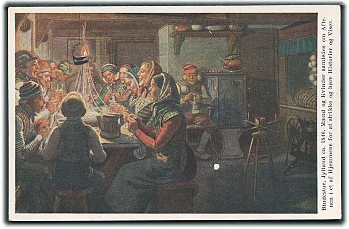 R. Christiansen (Efter originalmaleriet): Bindestue, Jylland ca. 1840. Mænd og kvinder samledes om aften i et af hjemmene for at strikke og høre historier og viser. Oscar Fraenckel & Co. u/no. 