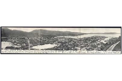 Bergen. 3-fløjet panorama fra Fløifjeld. Schönberg no. 1820. 2 øre Posthorn (5) stemplet Bergen d. 3.2.1905 til København.