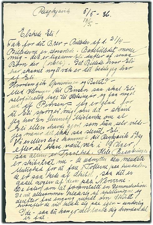 10 øre H.C.Andersen på marinepostbrev med indhold dateret Reykjavik d. 5.5.1936 befordret i lukket marinesæk til København d. 13.5.1936 og sendt som lokalbrev i København. Fra sømand ombord på inspektionsskibet Hvidbjørnen.