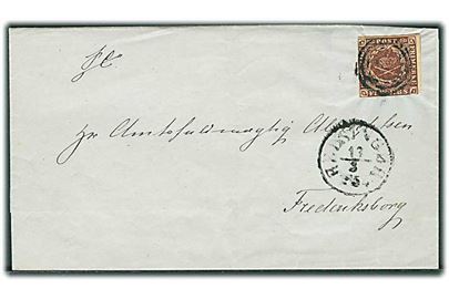 4 R.B.S. Thiele II rødbrun på brev annulleret med svagt nr.stempel 24 og sidestemplet antiqua Helsingør d. 13.3.1854 til Frederiksborg.