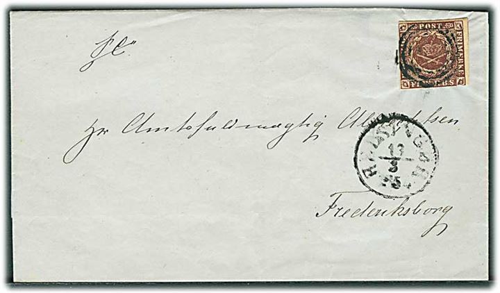 4 R.B.S. Thiele II rødbrun på brev annulleret med svagt nr.stempel 24 og sidestemplet antiqua Helsingør d. 13.3.1854 til Frederiksborg.