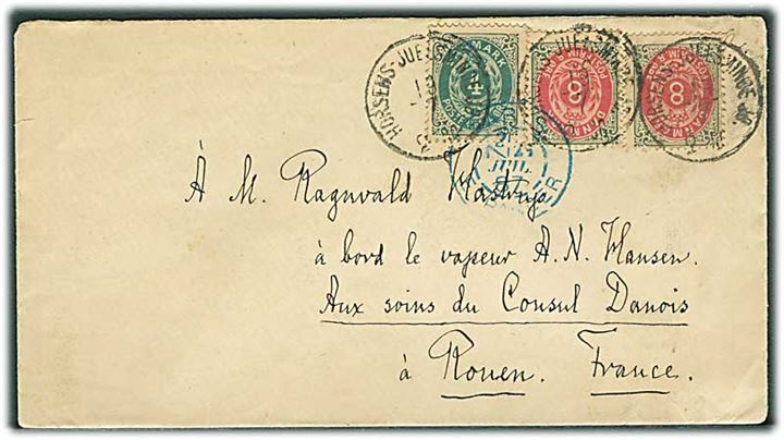 4 øre og 8 øre (2) Tofarvet på 20 øre frankeret brev annulleret med lapidar bureaustempel Horsens - Juelsminde JB. d. 19.7.1887 via Paris til danske dampskib A.N.Hansen i Rouen, Frankrig.