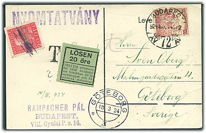 Ungarn 100 kr. på underfrankeret brevkort fra Budapest d. 14.3.1924 til Göteborg, Sverige. Grøn Lösen etiket og 20 öre Gustaf som portomærke.  
