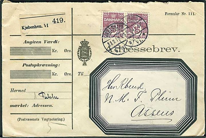 15 øre Bølgelinie i parstykke på adressebrev for pakke fra Kjøbenhavn d. 23.2.1914 til Assens.