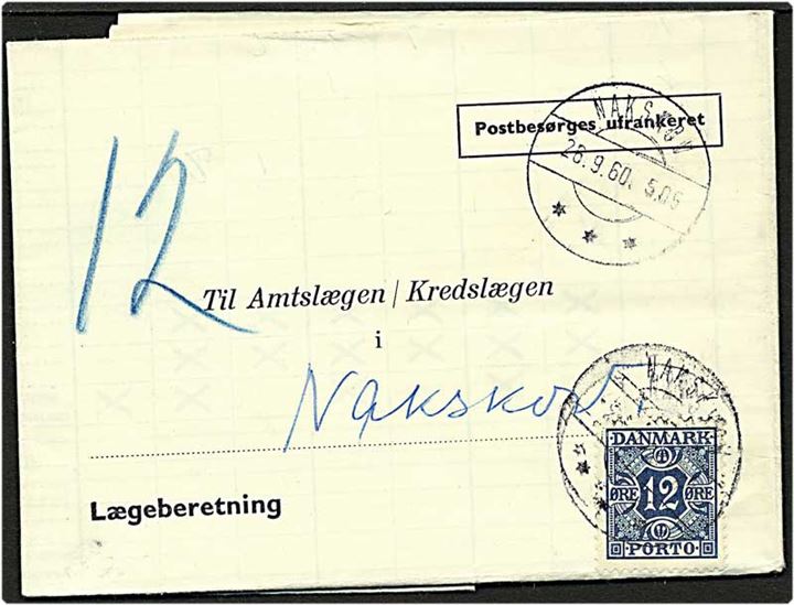 Ufrankeret lokalt sendt brev fra Nakskov d. 26.9.1960. Påsat 12 øre mørkeblå portomærke.