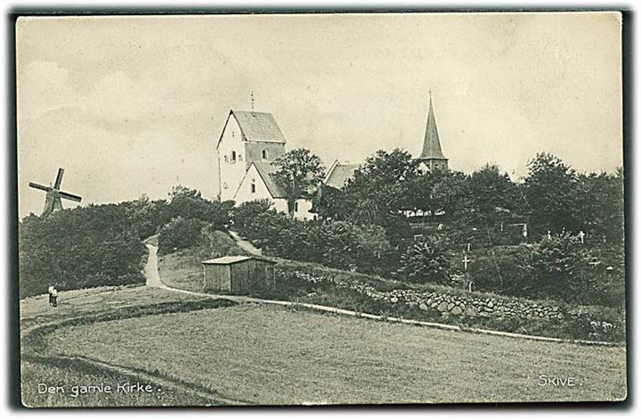Den gamle Kirke og Møllen i Skive. Stenders no. 2416.