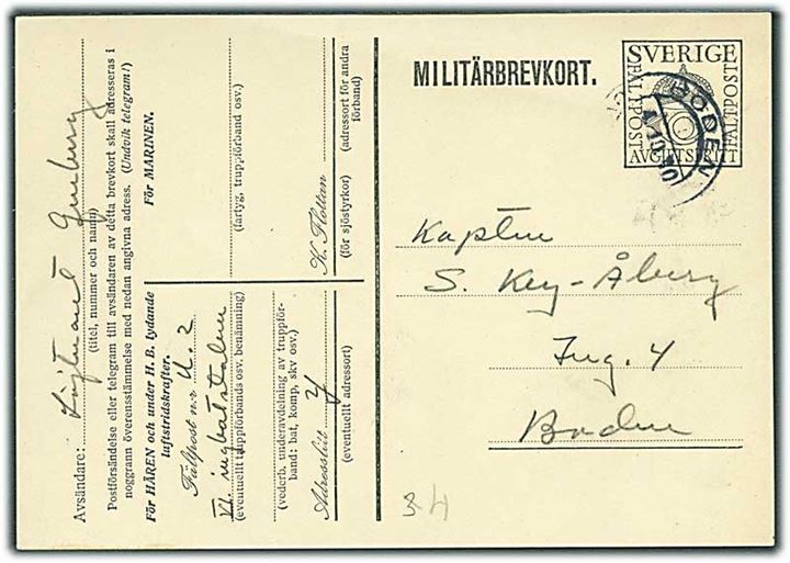 Militärbrevkort stemplet Boden d. 4.10.1930 til Ing. 4 i Boden. Fra officer ved VI Ing. Bat. Staben Fältpost U2 Adresslitt Y.