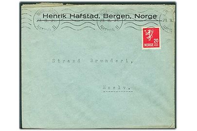 20 øre Løve på brev fra Bergen annulleret med bureau-maskinstempel Bergensbanens Nattog II d. 29.8.1934 til Moelv.