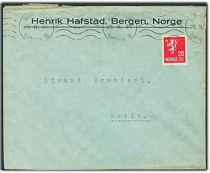 20 øre Løve på brev fra Bergen annulleret med bureau-maskinstempel Bergensbanens Nattog II d. 29.8.1934 til Moelv.