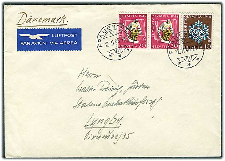 10+10 c. og 20+10 c. (2) St. Moritz Vinter OL udg. på luftpostbrev fra Frauenfeld d. 12.2.1948 til Lyngby, Danmark.