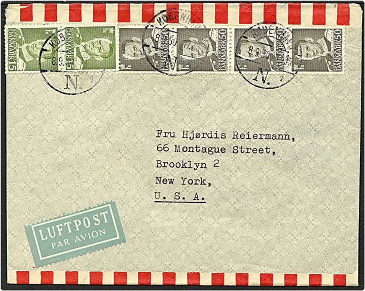 15 øre grøn og 50 øre grå Fr. IX på luftpost brev fra København d. 8.9.1950 til New York, USA.