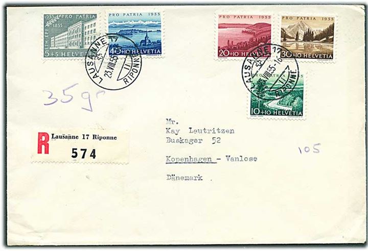 Komplet sæt Pro Patria 1955 udg. på anbefalet brev fra Lausanne d. 23.8.1955 til København, Danmark.