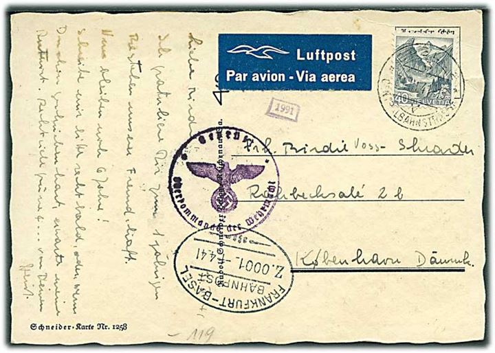 40 c. på luftpost brevkort fra Basel d. 31.3.1941 via tysk bureau Frankfurt-Basel Bahnpost Z.0001 d. 1.4.1941 til København, Danmark. Tysk censur.
