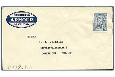 20 c. Martin Güemes med perfin ACO på firmakuvert fra Frigorifico Armour de la Plate i Buenos Aires (ca. 1941) til København, Danmark. Ikke afstemplet, men åbnet af tysk censur.