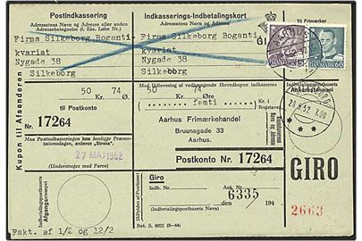 15 øre violet og 60 øre grønblå Fr. IX på indbetalingskort fra Aarhus d. 10.5.1952 til Silkeborg.