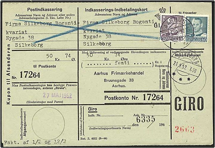15 øre violet og 60 øre grønblå Fr. IX på indbetalingskort fra Aarhus d. 10.5.1952 til Silkeborg.