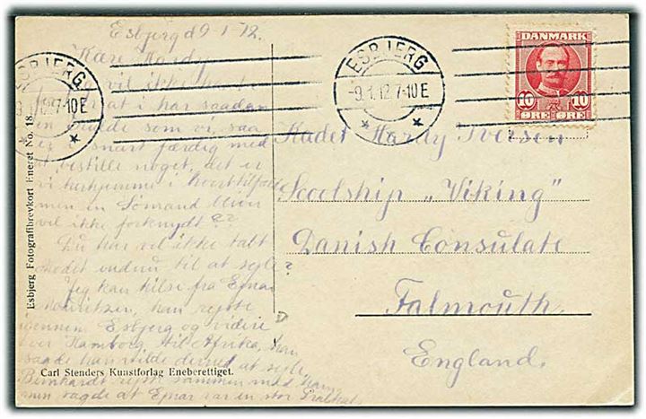 10 øre Fr. VIII på brevkort fra Esbjerg d. 9.1.1912 til kadet på skoleskibet Viking i Falmouth, England.